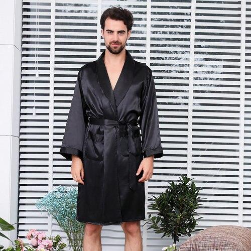 2018 Men's Satin Silk Robe Shorts Nightgown Two-piece Set Nightdress Thin Silk Pajamas Set