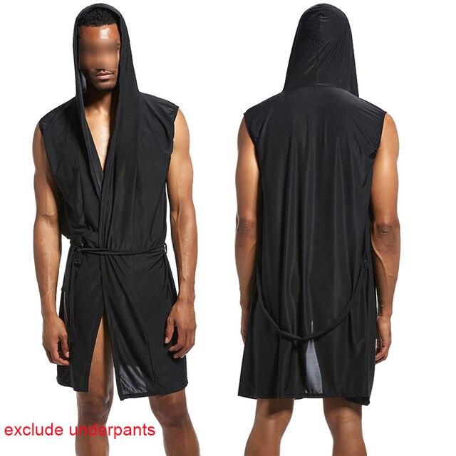 Soft Men's Silk Kimono Bathrobe Hooded Pajamas Male Nightgown Bath Robes Lounge Robe Sleeveless Open Front Sleepwear with Belt