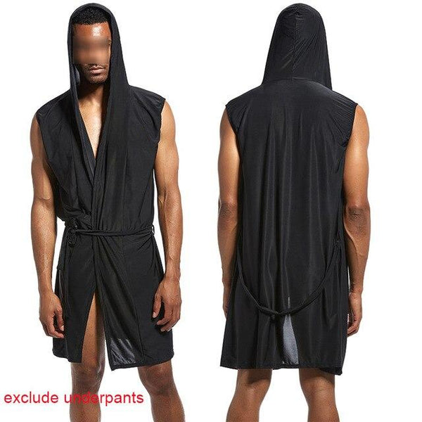 Soft Men's Silk Kimono Bathrobe Hooded Pajamas Male Nightgown Bath Robes Lounge Robe Sleeveless Open Front Sleepwear with Belt
