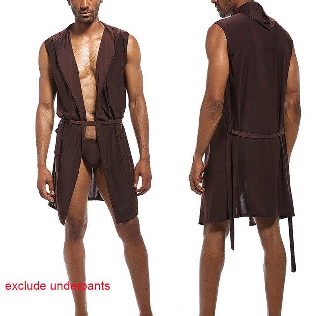 Soft Men's Silk Kimono Bathrobe Hooded Pajamas Male Nightgown Bath Robes Lounge Robe Sleeveless Open Front Sleepwear with Belt