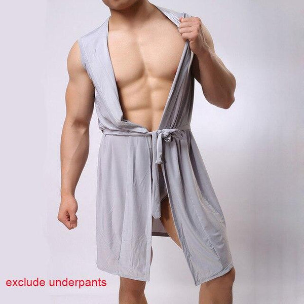 Soft Men's Silk Kimono Bathrobe Hooded Pajamas Male Nightgown Bath Robes Lounge Robe Sleeveless Open Front Sleepwear with Belt