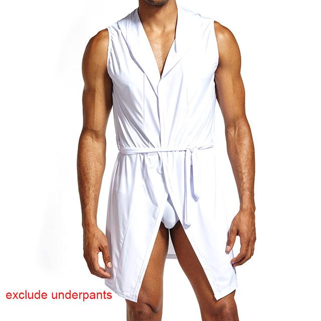 Soft Men's Silk Kimono Bathrobe Hooded Pajamas Male Nightgown Bath Robes Lounge Robe Sleeveless Open Front Sleepwear with Belt