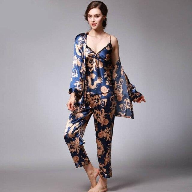 Luxury Spring Silk Satin Couple Pajamas Men Robes Women 3 Piece Set Sleepwear Print Long Sleeve Lovers Nightgown Pijama Feminino
