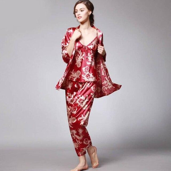 Luxury Spring Silk Satin Couple Pajamas Men Robes Women 3 Piece Set Sleepwear Print Long Sleeve Lovers Nightgown Pijama Feminino