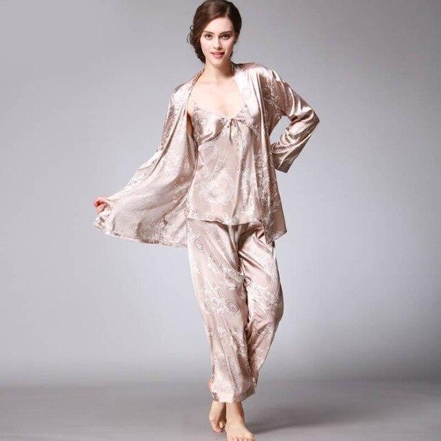 Luxury Spring Silk Satin Couple Pajamas Men Robes Women 3 Piece Set Sleepwear Print Long Sleeve Lovers Nightgown Pijama Feminino