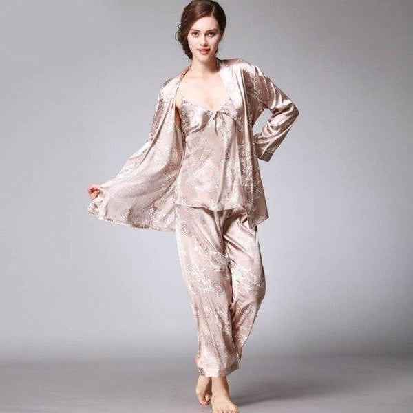 Luxury Spring Silk Satin Couple Pajamas Men Robes Women 3 Piece Set Sleepwear Print Long Sleeve Lovers Nightgown Pijama Feminino