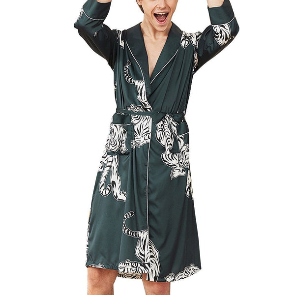 Men Simulation Silk Print Lingerie Robe Bathrobe Dressing Gown koszula nocna chemise de nuit nightgown gecelik negligee
