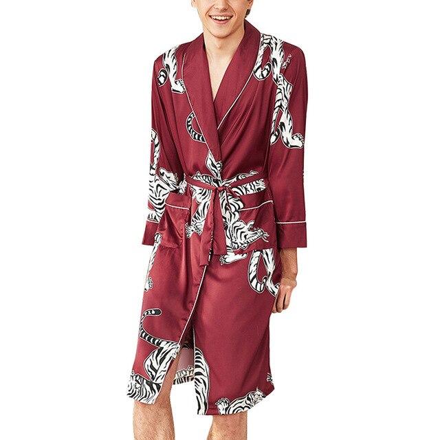 Men Simulation Silk Print Lingerie Robe Bathrobe Dressing Gown koszula nocna chemise de nuit nightgown gecelik negligee
