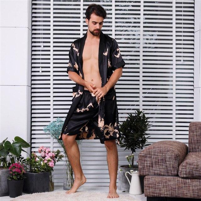 Womail Summer Sexy Men's Robe Bathrobe Casual Simulation Silk Short Sleeves Home Service Thin Men's Nightgown Dropship Ap25