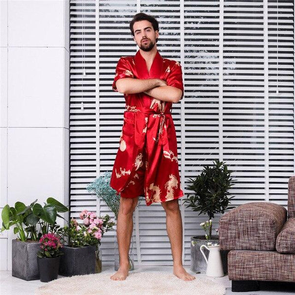 Womail Summer Sexy Men's Robe Bathrobe Casual Simulation Silk Short Sleeves Home Service Thin Men's Nightgown Dropship Ap25