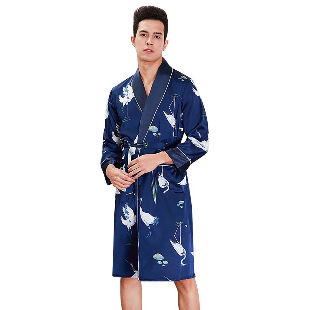 MUQGEW 2019 summer robe men nightgown bathrobe Men Simulation Silk Print Pajamas Lingerie Robe Bathrobe Dressing Gown#G4