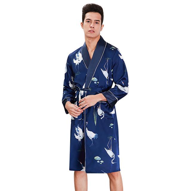 MUQGEW 2019 summer robe men nightgown bathrobe Men Simulation Silk Print Pajamas Lingerie Robe Bathrobe Dressing Gown#G4