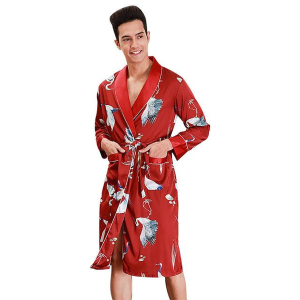 MUQGEW 2019 summer robe men nightgown bathrobe Men Simulation Silk Print Pajamas Lingerie Robe Bathrobe Dressing Gown#G4