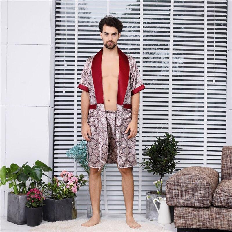 Womail Summer Sexy Men's Robe Bathrobe Casual Simulation Silk Short Sleeves Home Service Men's Print Nightgown Dropship Ap25