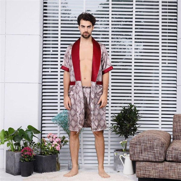 Womail Summer Sexy Men's Robe Bathrobe Casual Simulation Silk Short Sleeves Home Service Men's Print Nightgown Dropship Ap25