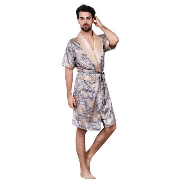 Womail Summer Sexy Men's Robe Bathrobe Casual Simulation Silk Short Sleeves Home Service Men's Print Nightgown Dropship Ap25