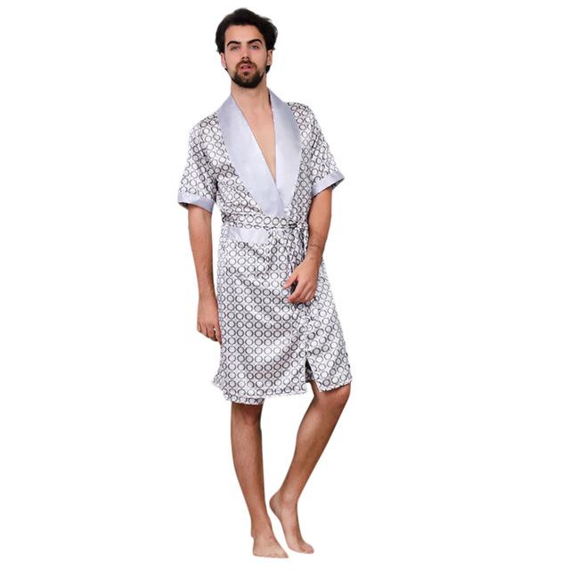 Womail Summer Sexy Men's Robe Bathrobe Casual Simulation Silk Short Sleeves Home Service Men's Print Nightgown Dropship Ap25