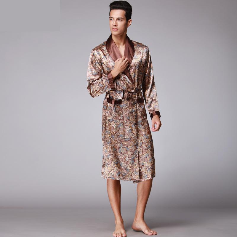 Men Silk bathrobes long sleeved bath robes Night gown For Male Senior Satin Sleepwear Summer Long Paisley Pattern Pajamas Set