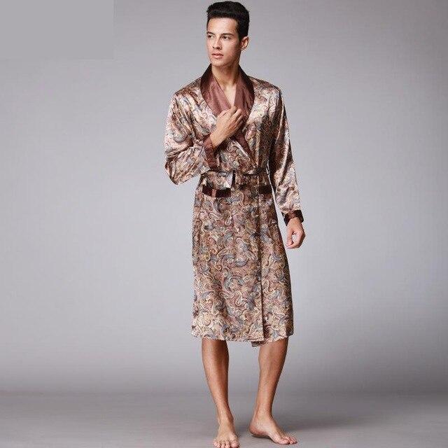 Men Silk bathrobes long sleeved bath robes Night gown For Male Senior Satin Sleepwear Summer Long Paisley Pattern Pajamas Set