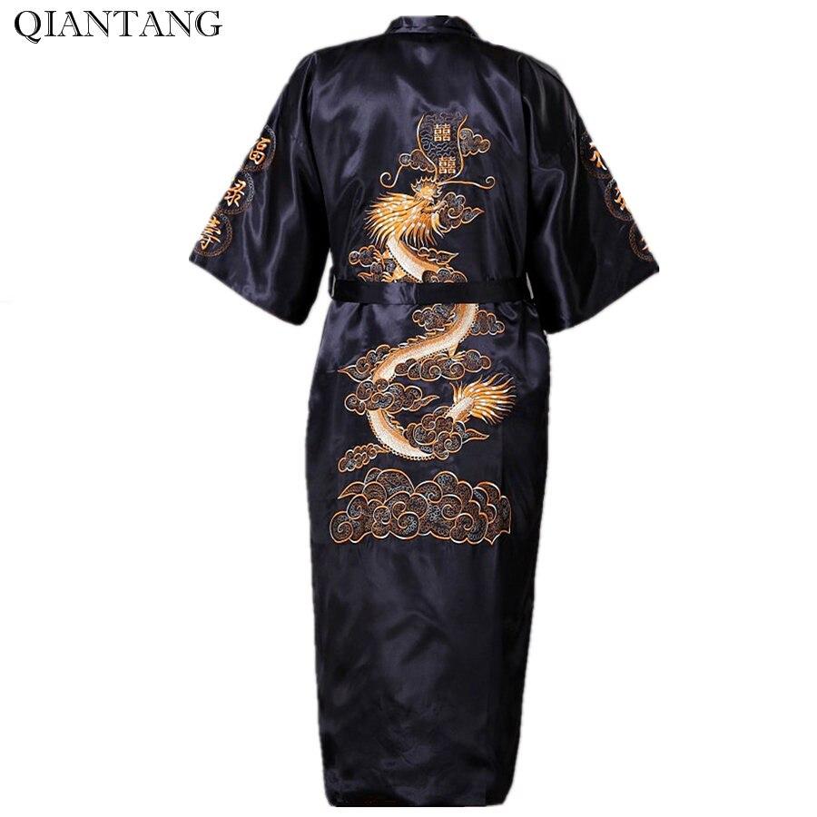 Black Chinese Men's Embroidery Robe Kimono Gown Nightgown Satin Sleepwear Bathrobe Hombre Pijama S-XXXL