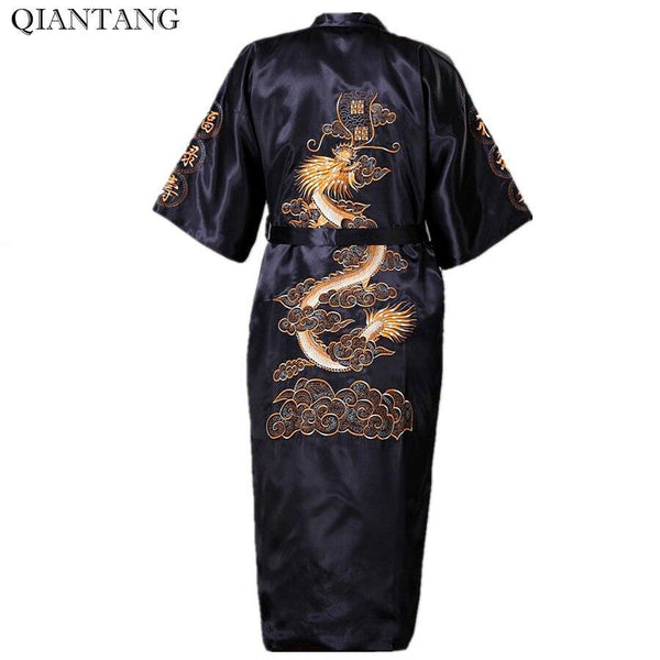 Black Chinese Men's Embroidery Robe Kimono Gown Nightgown Satin Sleepwear Bathrobe Hombre Pijama S-XXXL