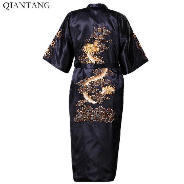 Black Chinese Men's Embroidery Robe Kimono Gown Nightgown Satin Sleepwear Bathrobe Hombre Pijama S-XXXL