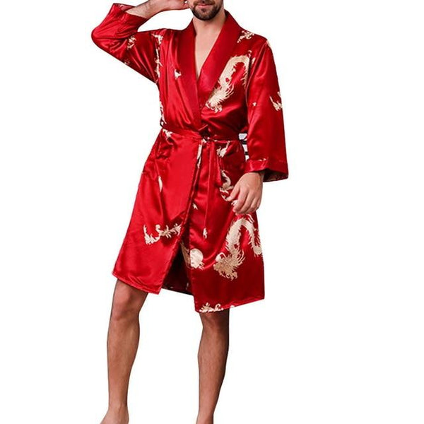 Oeak Men's Fashion Soft Comfortable Satin Bathrobe Exquisite Print Pajamas New Long Sleeve Lace Up Slim Fit Casual Nightgown