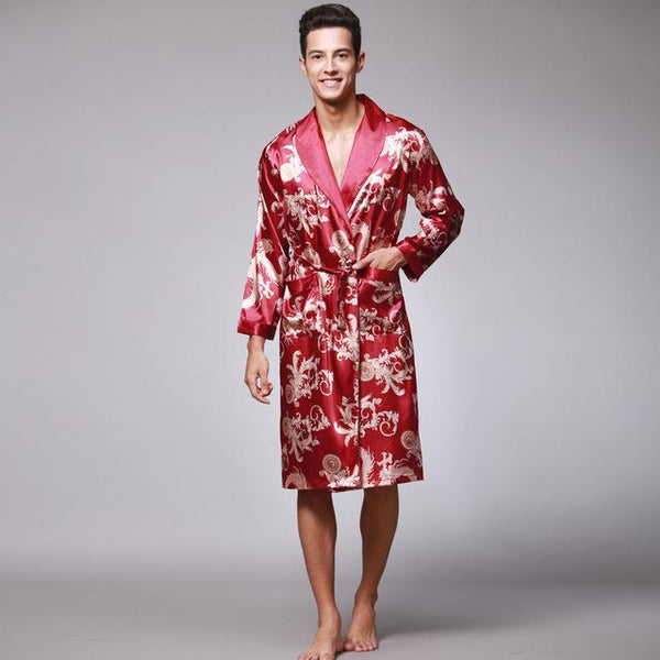 Male Chinese Style Dragon Robe Bathing Home Sleep Wear Silk Satin Soft Embroidery Loose V-neck Men Pajamas Nightgown Kimono