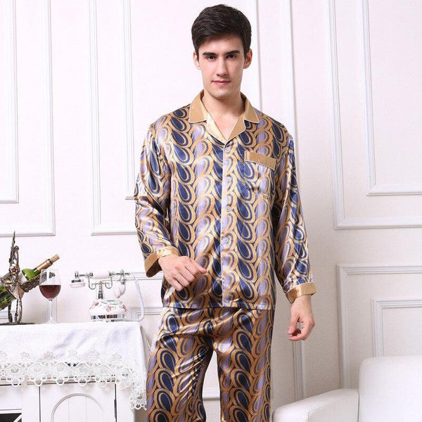 Printed Satin Silk Mens Pajamas High Quality Male Nightgown Sleepwear Autumn Spring Full Sleeves Pants 2Pieces Pajama Set