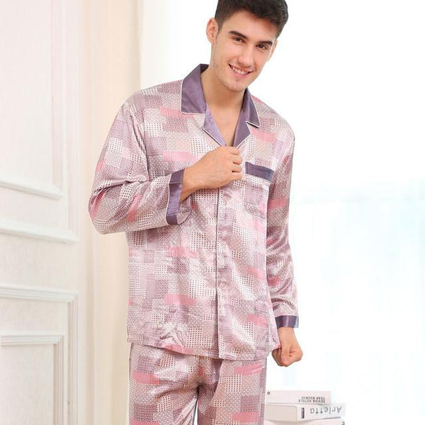 Printed Satin Silk Mens Pajamas High Quality Male Nightgown Sleepwear Autumn Spring Full Sleeves Pants 2Pieces Pajama Set