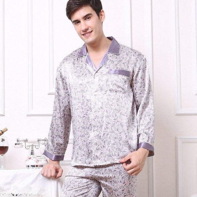 Printed Satin Silk Mens Pajamas High Quality Male Nightgown Sleepwear Autumn Spring Full Sleeves Pants 2Pieces Pajama Set