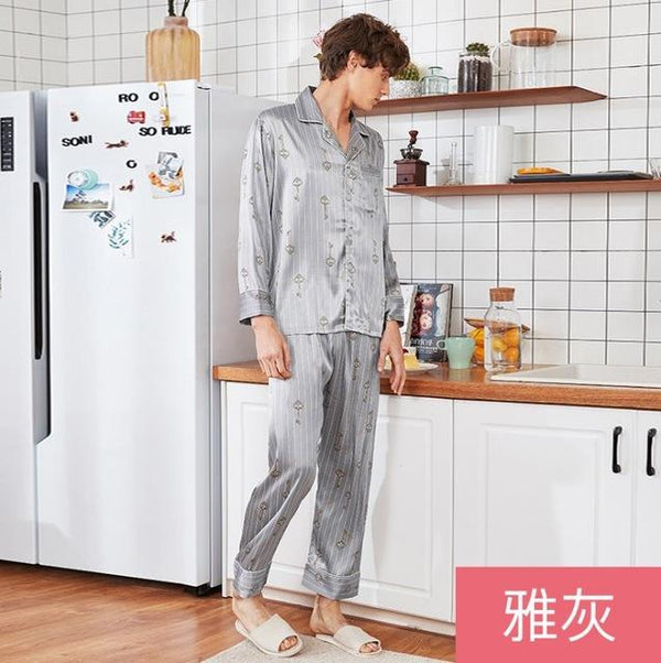 YT- 090 Silk Long Sleeve Sleepwear Men Spring Summer Suit Male Homewear Nightgowns Satin Pajamas Sets 2 Pcs