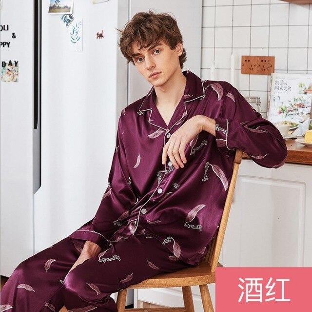 YT- 090 Silk Long Sleeve Sleepwear Men Spring Summer Suit Male Homewear Nightgowns Satin Pajamas Sets 2 Pcs