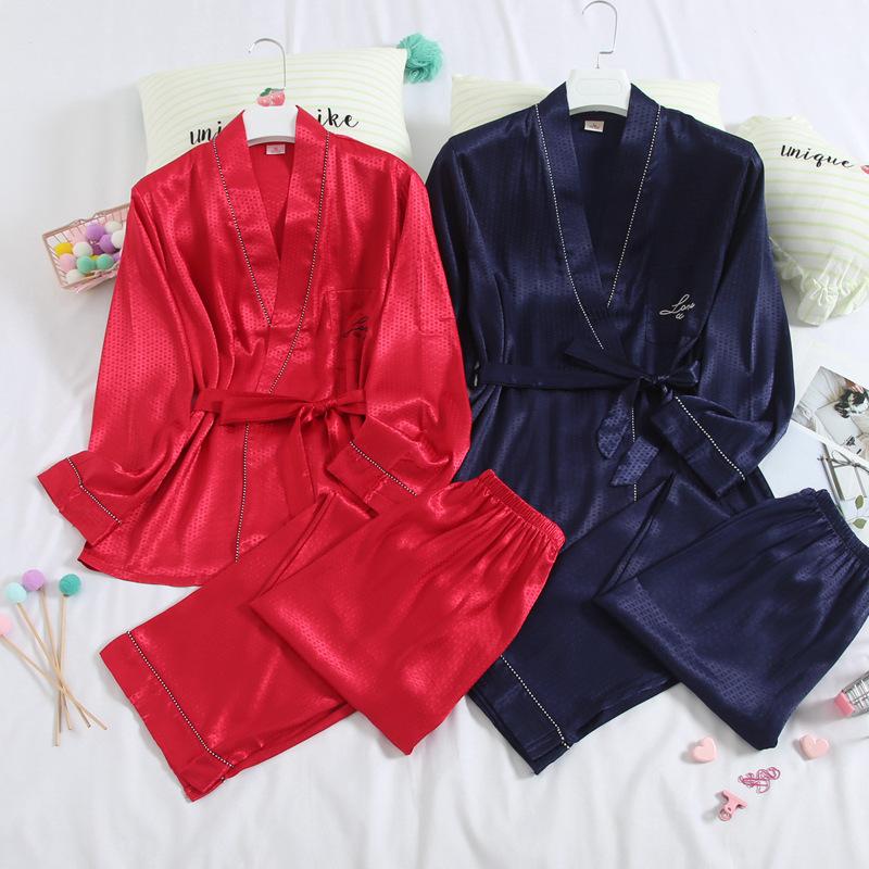 Couple Silk Robes Sleepwear Robe+Trousers Women Soft Bathrobe Oversized Satin Nightgown Man Summer Home Clothing