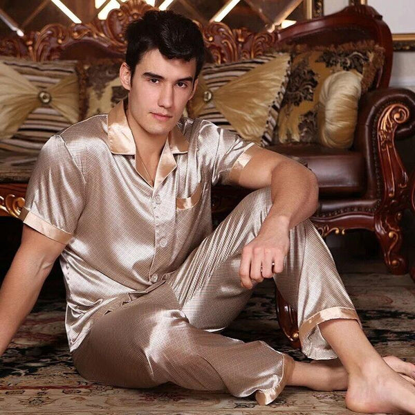 Printed Satin Silk Mens Pajamas High Quality Male Nightgown Sleepwear Autumn Spring Full Sleeves Pants 2Pieces Pajama Set