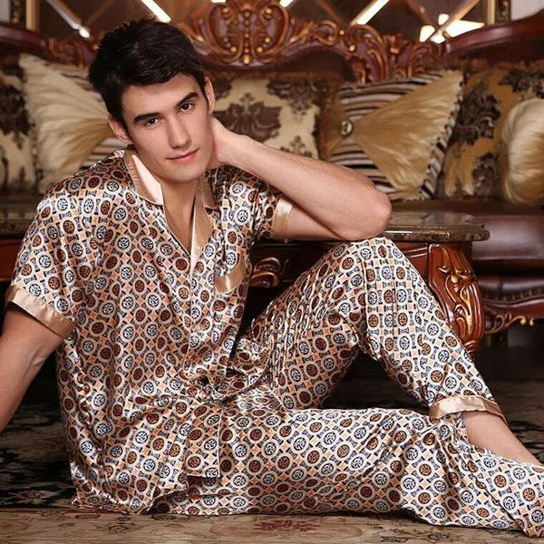Printed Satin Silk Mens Pajamas High Quality Male Nightgown Sleepwear Autumn Spring Full Sleeves Pants 2Pieces Pajama Set