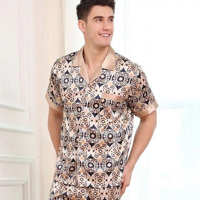 Printed Satin Silk Mens Pajamas High Quality Male Nightgown Sleepwear Autumn Spring Full Sleeves Pants 2Pieces Pajama Set