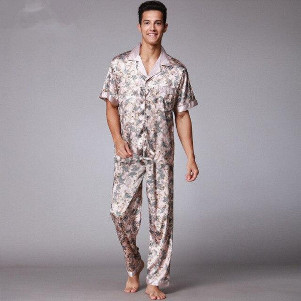 Mens Paisley Silk Pajamas Set Summer Short Sleeve Satin Sleepwear Male Plus Size Loose Dressing Gown Nightgown