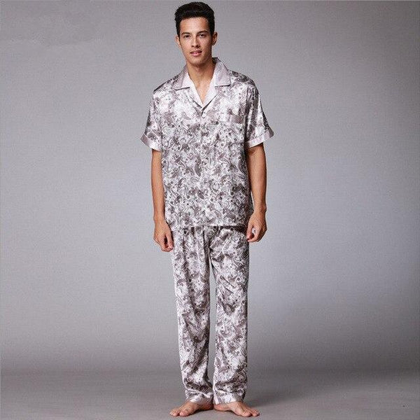 Mens Paisley Silk Pajamas Set Summer Short Sleeve Satin Sleepwear Male Plus Size Loose Dressing Gown Nightgown