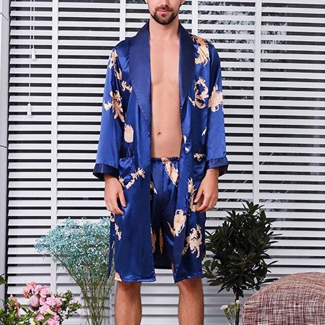 2019 Men's Satin Silk Kimono Pijamas Suits With Shorts Sleepwear Bottom Pajamas homme Robe Nightgown Bathrobe pyjama hombre 5XL