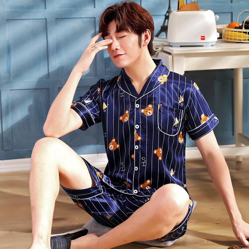 Satin Silk Pajamas Short For Men Summer Sleepwear Male Pajama Set Soft Nightgown For Men Pyjamas Sleep Lounge Big Size L-3XL