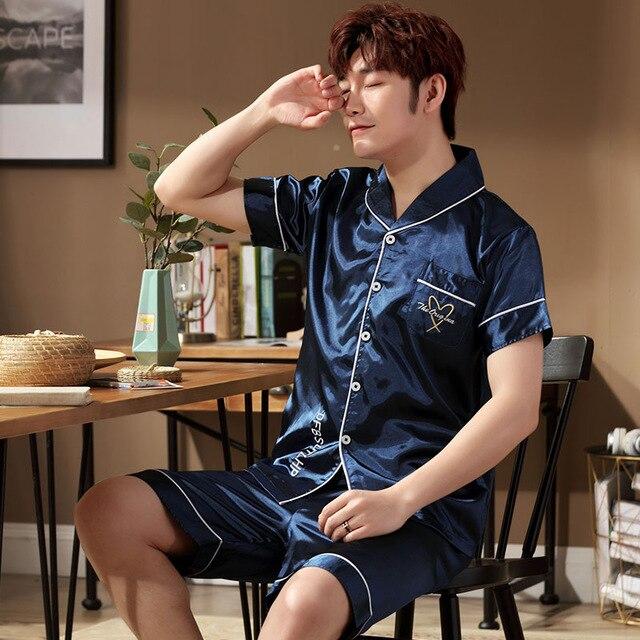 Satin Silk Pajamas Short For Men Summer Sleepwear Male Pajama Set Soft Nightgown For Men Pyjamas Sleep Lounge Big Size L-3XL