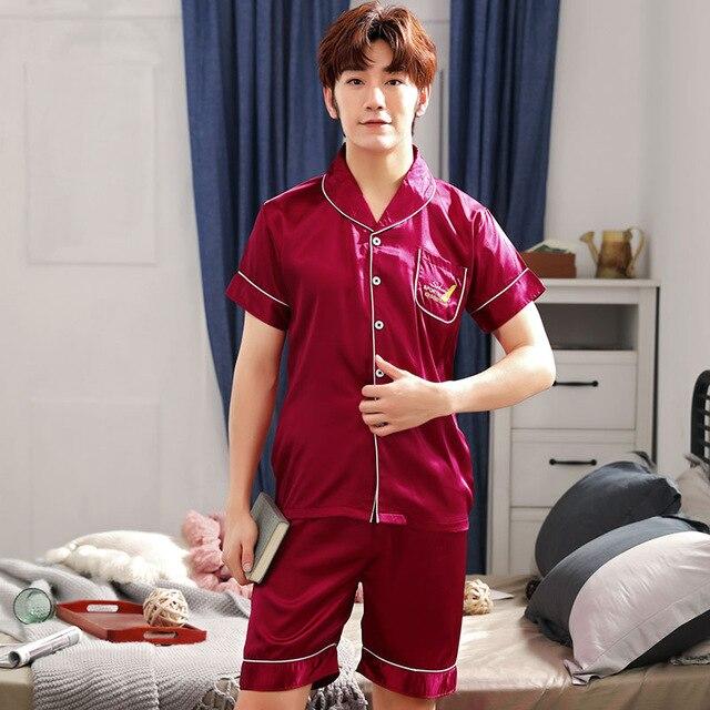 Satin Silk Pajamas Short For Men Summer Sleepwear Male Pajama Set Soft Nightgown For Men Pyjamas Sleep Lounge Big Size L-3XL