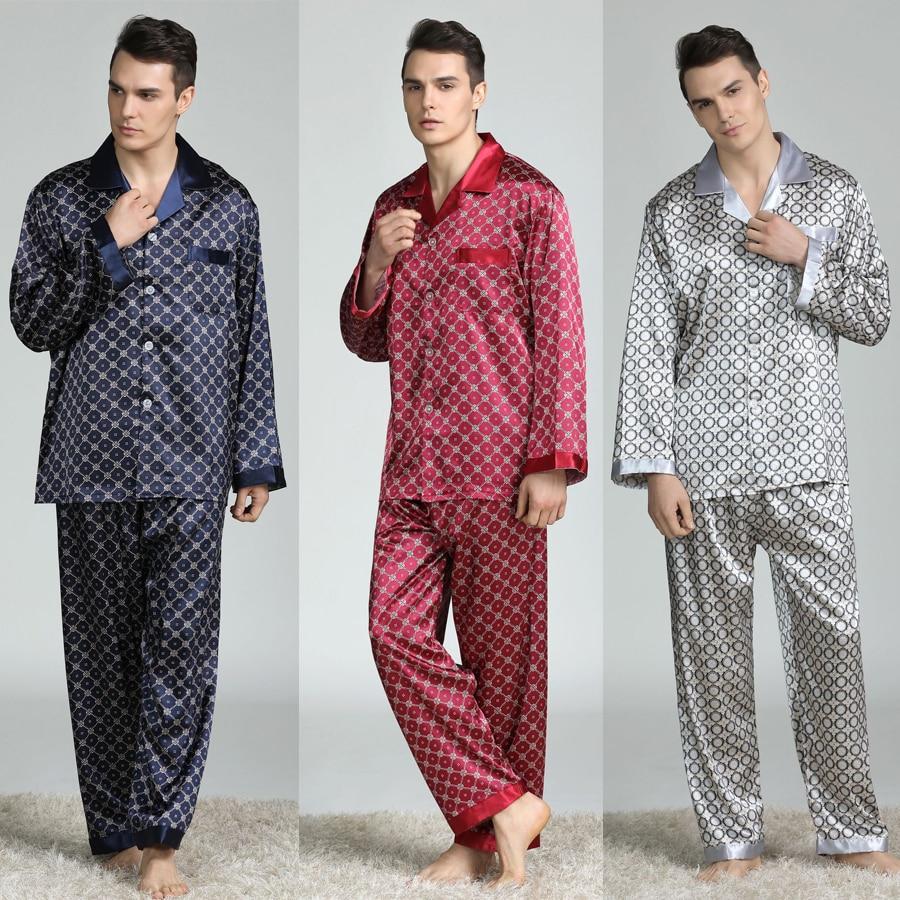 Men's printed silk pajamas set XL casual home clothes long-sleeved pajamas sleep wearman silk long sleeve nightgown pajama sets