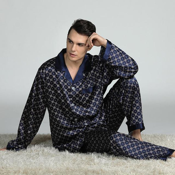 Men's printed silk pajamas set XL casual home clothes long-sleeved pajamas sleep wearman silk long sleeve nightgown pajama sets