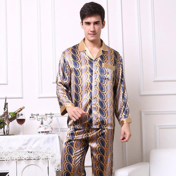 Printed Satin Silk Mens Pajamas High Quality Male Nightgown Sleepwear Autumn Spring Full Sleeves Pants 2Pieces Pajama Set