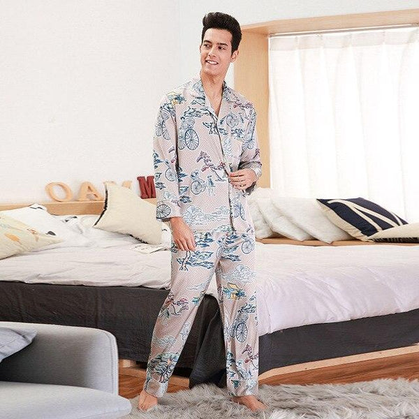 Autumn Luxury Silk Pajamas Mens Long Sleeve Printed Paisley Pattern Pyjamas Set Silk Satin Nightwear Soft Sleepwear Nightgown