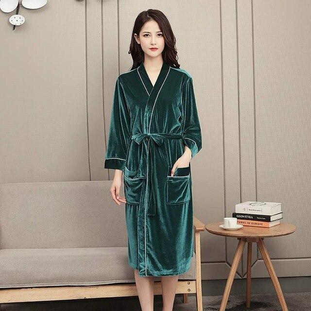 Autumn Winter Women and Man Couple Nightgown Gold Velvet Ice Silk Females Bathrobes Loose Plus Size Robes Long Warm Robes PR475