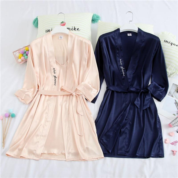 Navy Blue Couple Robe Faux Silk Bath Gown Bathrobe Men's Nightgown Ladies Letter embroidery Sleepwear Size M L XL XXL XXXL