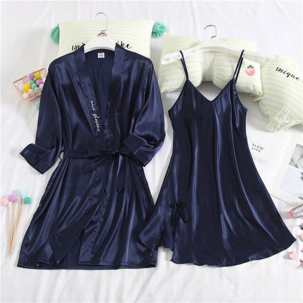 Navy Blue Couple Robe Faux Silk Bath Gown Bathrobe Men's Nightgown Ladies Letter embroidery Sleepwear Size M L XL XXL XXXL